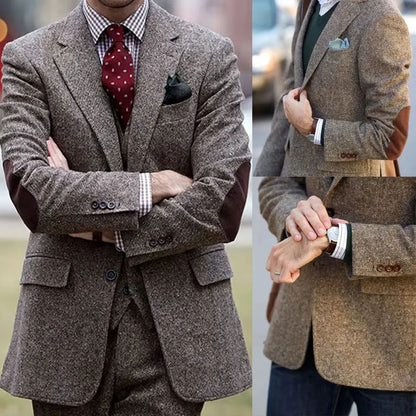 Vintage Winter Tweed Suits Brown Tweed Men Suits With Patch Design Costume Homme Smart Business Formal Wedding Suits 1 Pieces