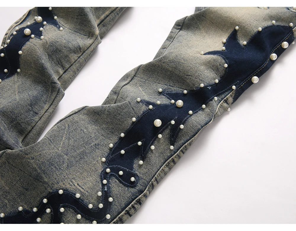 Men's Pearl Boot Cut Denim Jeans Embroidery Patch Slim Flared Pants Casual Streetwear Vintage Blue Trousers