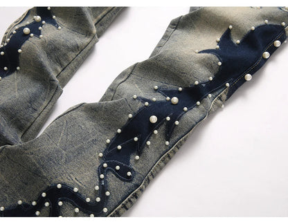 Men's Pearl Boot Cut Denim Jeans Embroidery Patch Slim Flared Pants Casual Streetwear Vintage Blue Trousers