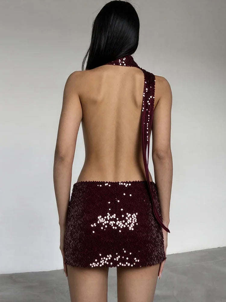 Coquettish Shiny Sequins Dress Women Halter Scarf+Sexy Deep V-Neck Backless Sleeveless Ruched Ribbon Club Hottie Outfits