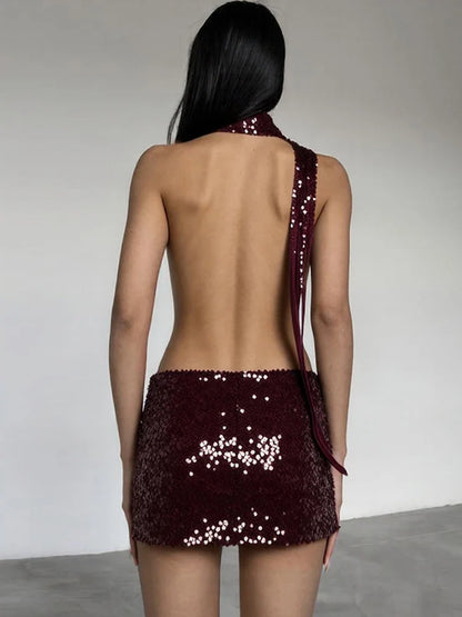 Coquettish Shiny Sequins Dress Women Halter Scarf+Sexy Deep V-Neck Backless Sleeveless Ruched Ribbon Club Hottie Outfits
