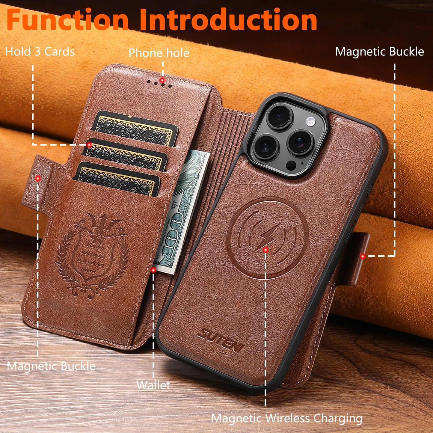 Faux Leather Wireless Charging Card Holder Stand Wallet Magnetic Flip Cover Phone Case For iPhone 16 Pro Max 15 Plus 14