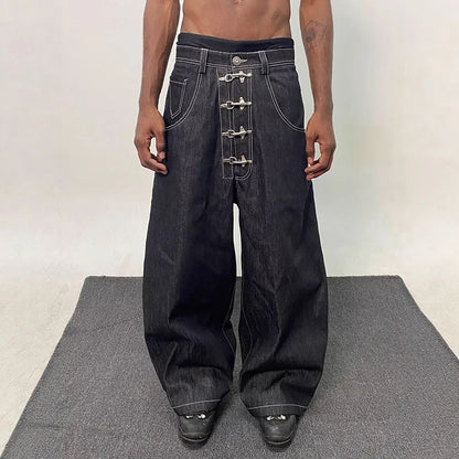 Street Retro Men's Jeans Straight Leg Pants Airplane Buckle Baggy Silhouette Curved Knife Jeans High Waisted Casual Denim Pants