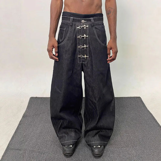 Street Retro Men's Jeans Straight Leg Pants Airplane Buckle Baggy Silhouette Curved Knife Jeans High Waisted Casual Denim Pants