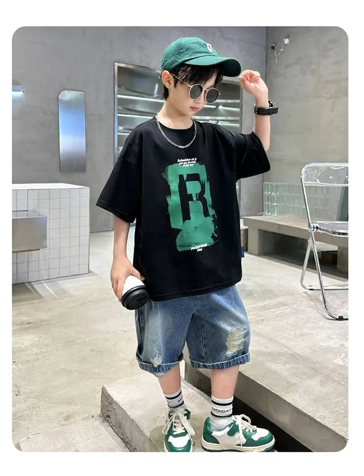 New Boys Fashion Summer 2pcs Cotton T-shirts+Denim Shorts Sporty Suits Teenage Kids Korean Style Outfits Sets Children Clothes