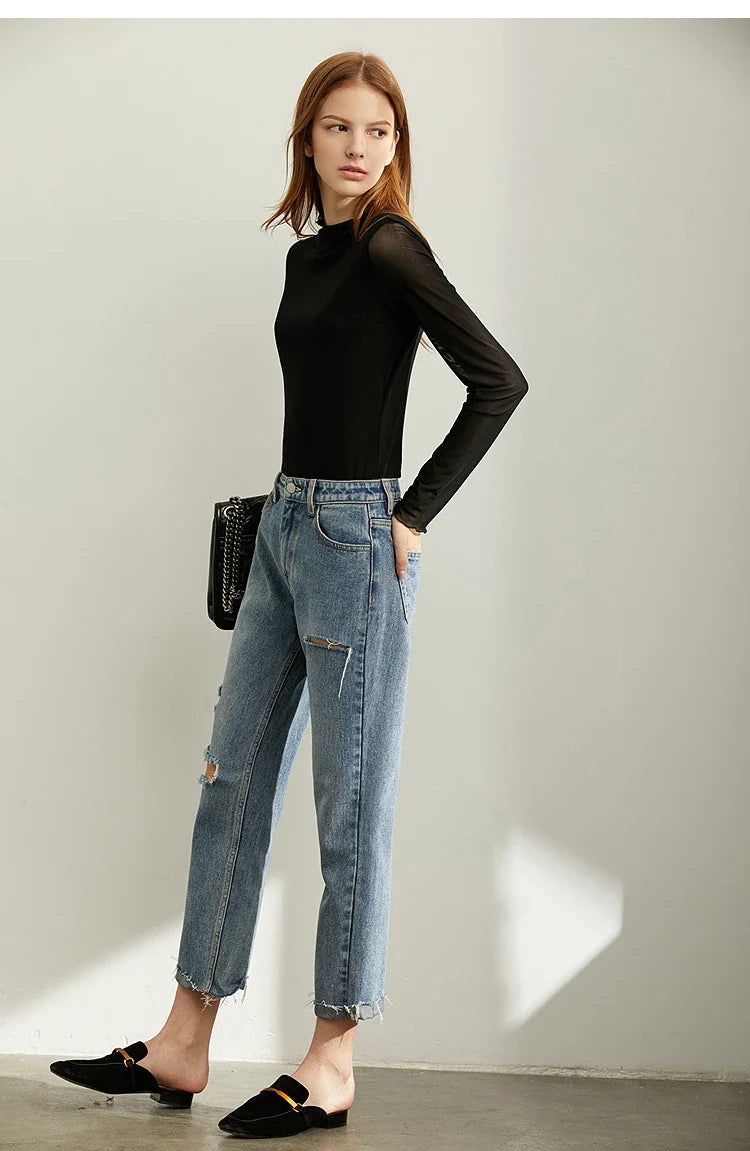 T-shirt Women's Autumn 2025 New Semi-turtleneck Long Sleeve T-shirt Slim-fitting Casual Bottoming Shirt Mesh Top 12421001