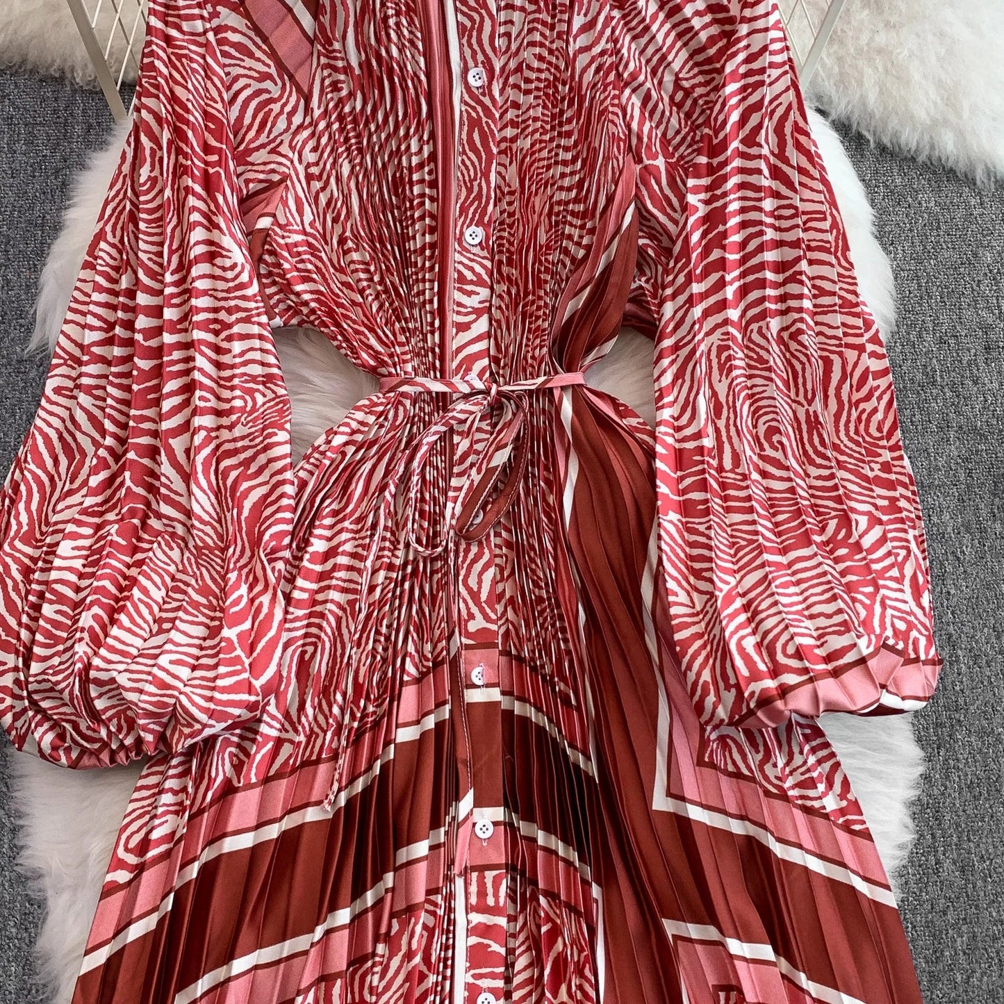 Ele Printed round Ne Lantern Sve Dr Women's Single Button Waist Cinch Maxi Skirt Long Dr Commute Sle Autumn