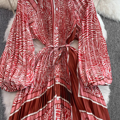Ele Printed round Ne Lantern Sve Dr Women's Single Button Waist Cinch Maxi Skirt Long Dr Commute Sle Autumn