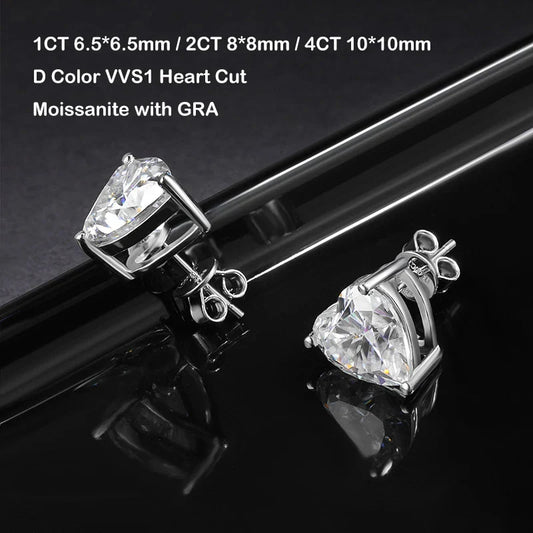 GRA Certified 1-4CT D Color VVS1 Heart Cut Moissanite Earrings For Women 925 Silver Pass Diamond Test Wedding Ear Studs
