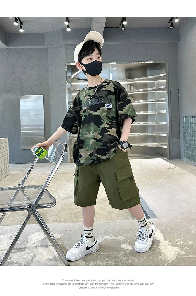 Kids Summer Set Causal Camouflage Sportswear Two Piece Clothing Set for Teenage Boy Short Sleeve T-shirt Shorts Tracksuit Outfit