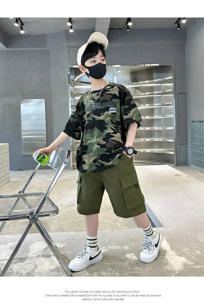 Kids Summer Set Causal Camouflage Sportswear Two Piece Clothing Set for Teenage Boy Short Sleeve T-shirt Shorts Tracksuit Outfit