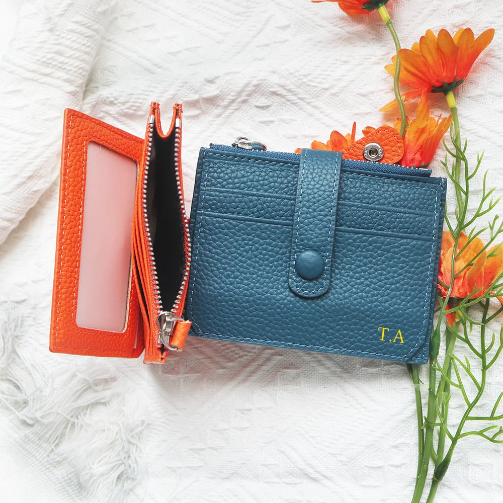 Porte-cartes en cuir de vachette avec logo personnalisé pour femme et homme, sac à cartes fin en cuir véritable, gravure du nom, portefeuille de luxe décontracté