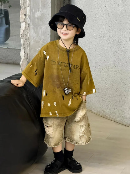 2026 Summer New Boys' Distressed Tie Dye Short Sleeved T-Shirt Junior Sizes Stylish Trendy Kids' Apparel
