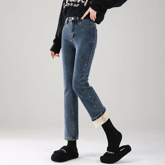 Winter Warm Jeans Women's Thickened Soft Comfortable Elastic Denim Pants Fashion Korean Straight Female Velvet Warm Clothing