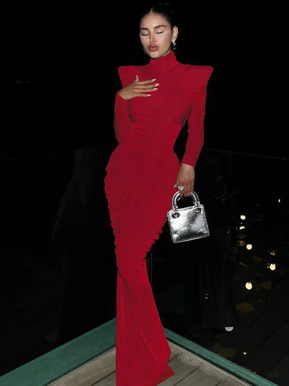 Autumn New Style Maxi Dress Women Turtleneck Full Sleeve Backless Skinny Stretch  Prom Party Ruched Elegant Vestidos