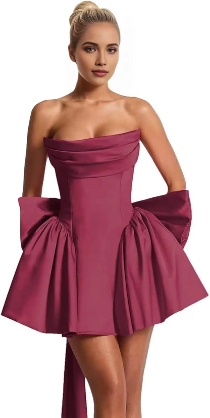 2025 Satin Strapless Back To School Dress with A Large Bow At The Back, Mini Skirt for Teenagers Cocktail Dress Short DanceDress
