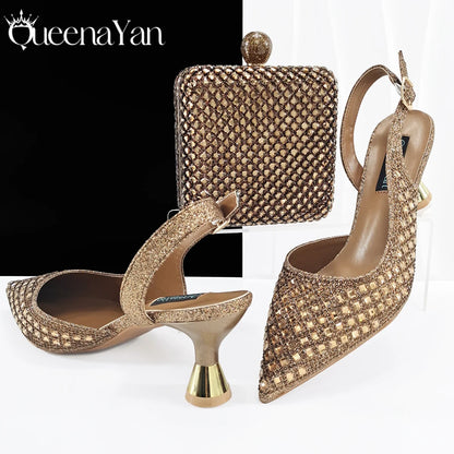 Glamorous Silver Color Occasions Party Wedding Lady Shoes and Bag Set In Stock Elegant Heels with Matching Purse