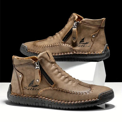 Men's Hand-Sewn High-Top Boots, Fashionable Side-Zip Casual Shoes, All-Season Outdoor Boots, Large Size Men's Shoes, Comfortable Bare Boots
