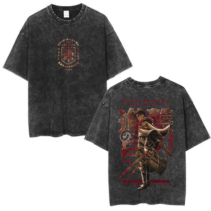 Anime Attack on Titan Washed T-Shirt Ackerman Mikasa Eren Jaeger Cherry Blossom Graphics Logo T Shirt Men Women Cotton T Shirts