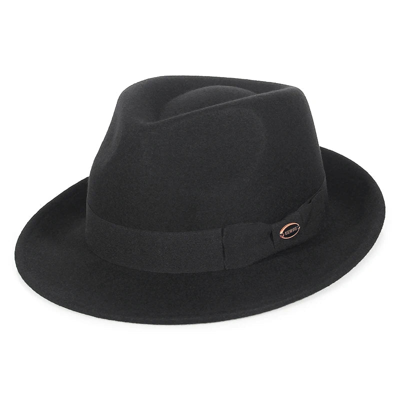 100% Wool Black Retro Felt Jazz Hats for Men Women Short Brim Gentleman Soft Trilby Fedora Panama Hat with Belt
