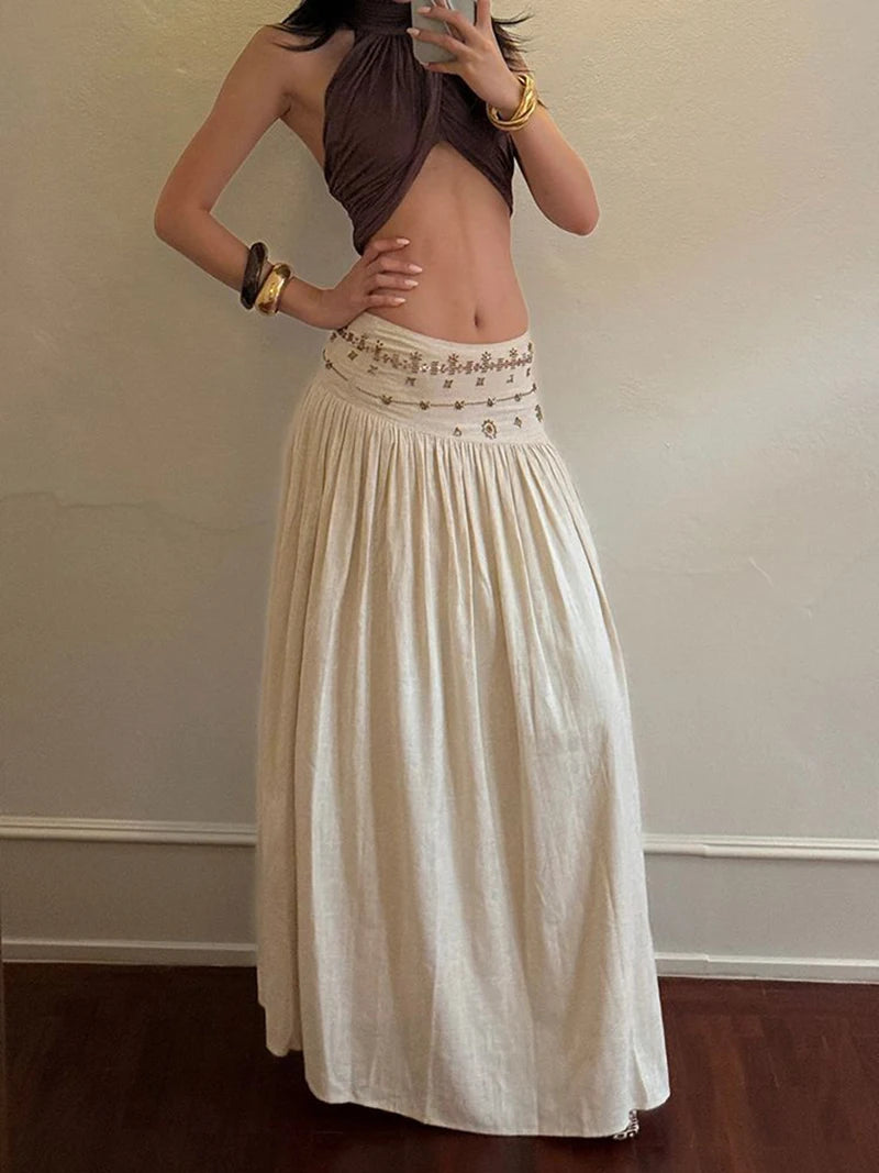 Vintage Beading Midi Skirt Women Vacation Beach Low Waist Skirts Summer Ladies Streetwear Korean Casual Design A Line Faldas New