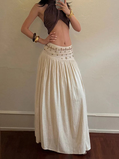 Vintage Beading Midi Skirt Women Vacation Beach Low Waist Skirts Summer Ladies Streetwear Korean Casual Design A Line Faldas New