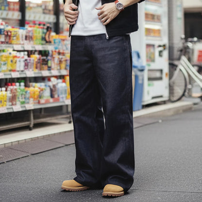 Vintage 15.6oz Selvedge Raw Denim Jeans Heavyweight Blue Loose Fit Wide-Leg Jeans Zip Fly Cotton Trousers for Spring Fall