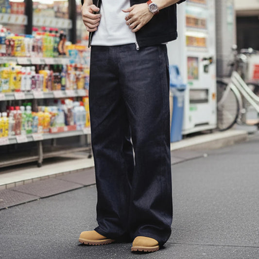 Vintage 15.6oz Selvedge Raw Denim Jeans Heavyweight Blue Loose Fit Wide-Leg Jeans Zip Fly Cotton Trousers for Spring Fall