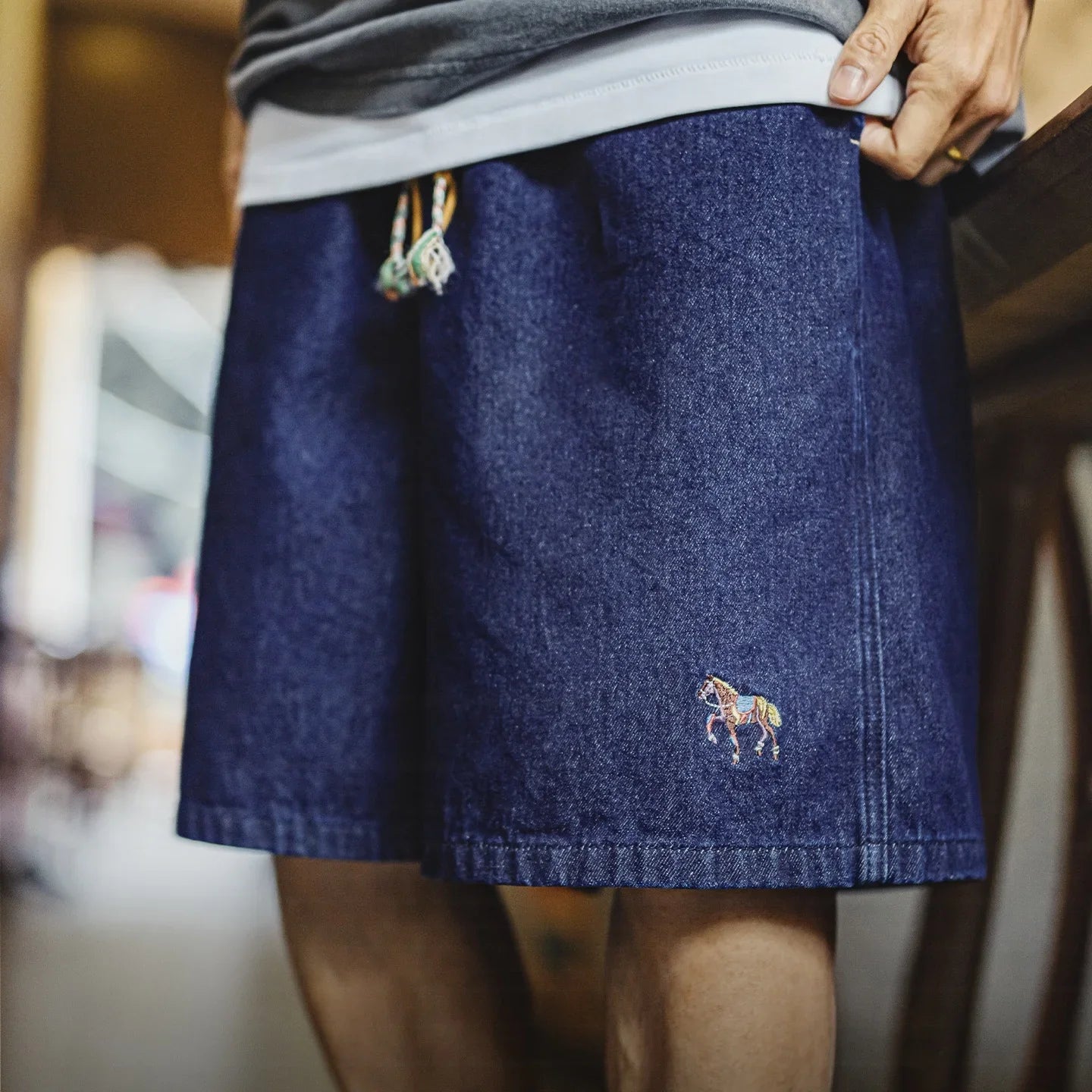 Men's Washed Denim Blue Jean Shorts American Retro Workwear Embroidered Straight Five Inch Thin Casual Summer Bottoms