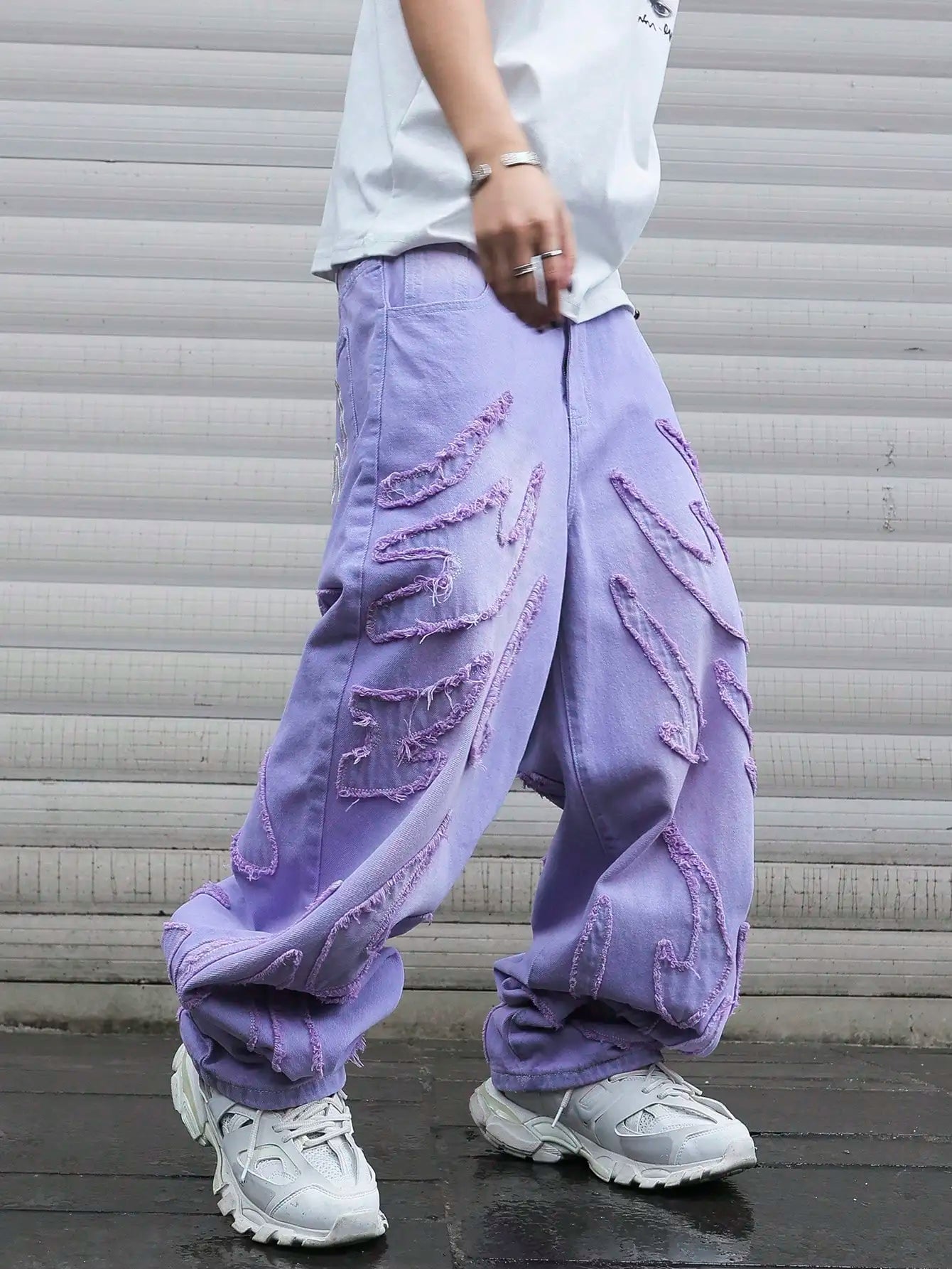 High-Street Style Purple Distressed Frayed Jeans for Men, Loose, Trendy Street Hip-Hop Wide-Leg Pants