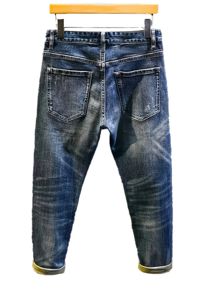 Retro Spliced jeans Men's Trendy Brand Ripped Bear Patch Loose Classic Man Pants Rhinestones Denims Tears Streetwear for Man