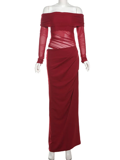Sexy Dress Women 2025 Spring Patchwork Mesh Elegant Slash Neck Ruched Fit Chic Birthday Party Festival Vacation Vestidos