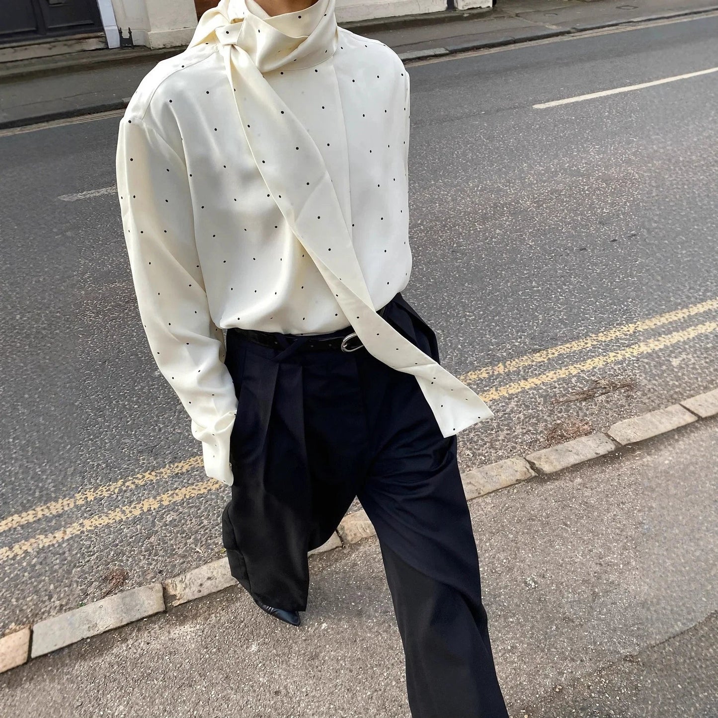 Polka Dot Printed Casual Shirt Women Satin Scarf Neck Elegant Long Sleeve Blouse 2026 New Autumn Lady Daily Street Chic Outwear