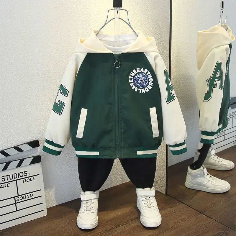 Fashion Boys Color Block Baseball Jacket 2025 Spring Autumn Baby Girl Letter Print Casual Hooded Zipper Coats Kid Clothes 2-12 Y
