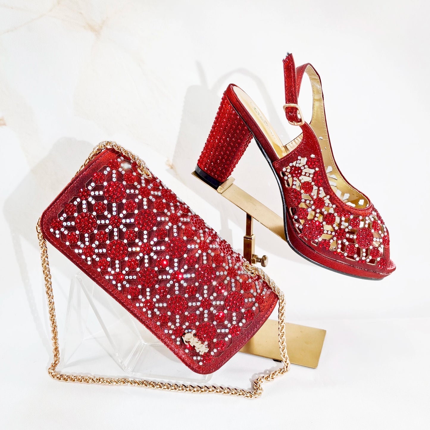 2025 New Rhinestone Design African-Inspired Shoe and Bag Set Olive Toe-Exposing Comfortable Women's High Heels Trending on INS
