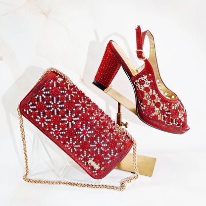 2025 New Rhinestone Design African-Inspired Shoe and Bag Set Olive Toe-Exposing Comfortable Women's High Heels Trending on INS