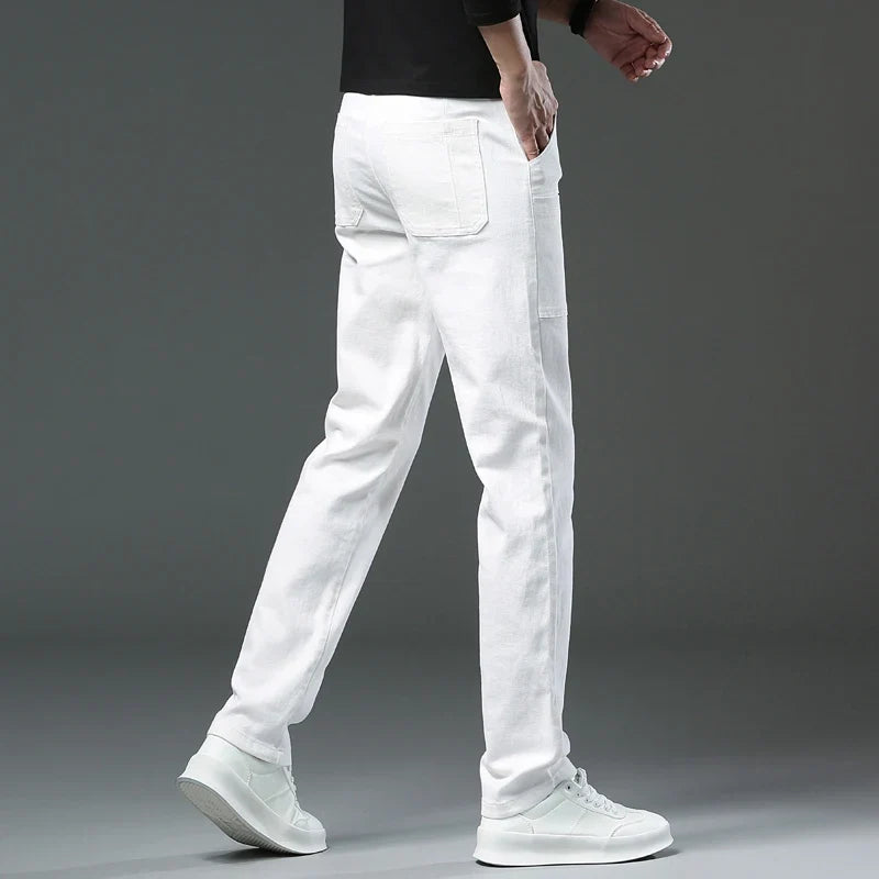 Spring and Autumn Men's Multi-Pocket Design Jeans Fashionable and Versatile White Khaki Red Comfortable Stretch Denim Pants