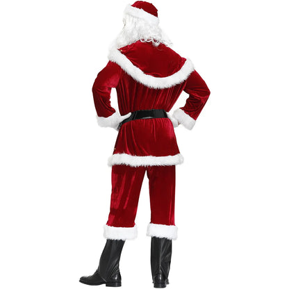 2024 New Man Santa Claus Suit Adult Christmas Cosplay Costume Red Deluxe Velvet Fancy 8pcs Set Xmas Party Family Costume Outfits