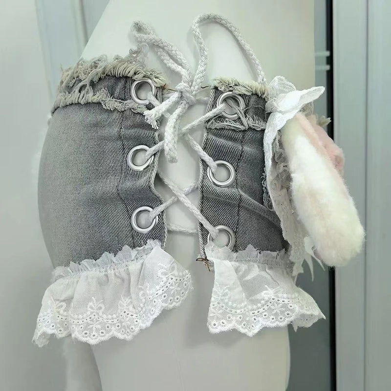 Y2K Sexy Lace Up Denim Shorts Women Summer Streetwear Cute Doll Splicing Hot Girl Shorts Fashion Low Waist Lace Patchwork Jeans
