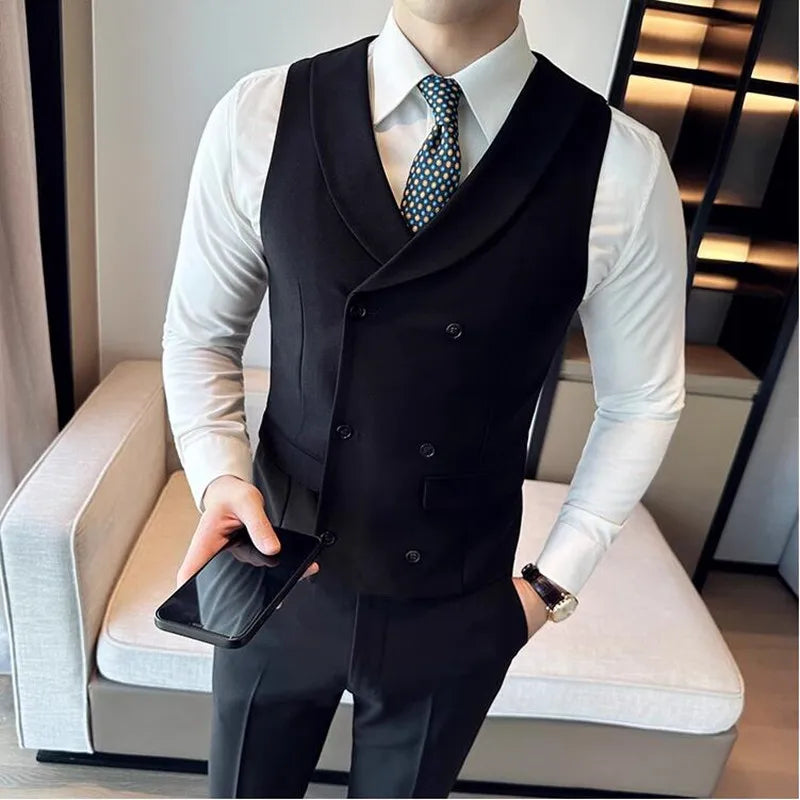 ( Vest + Pants) Men's Double-breasted Suit Vest 2 Pieces Set High Quality Business Casual Fashion Groom Wedding Dress Vest Sets