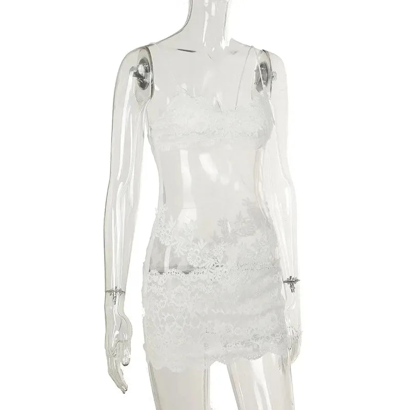 Lace Transparent Mini Dress Sexy Women Wrapping Spaghetti Embroidery Flower Sheath Nightwear Club Mesh Wave Fantacy