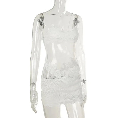 Lace Transparent Mini Dress Sexy Women Wrapping Spaghetti Embroidery Flower Sheath Nightwear Club Mesh Wave Fantacy