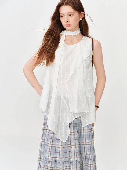 2026 Summer Women Asymmetrical Cut-out Tie-Neck Sleeveless Blouse Round Neck Top Soft Elegant Daily Layering Essential