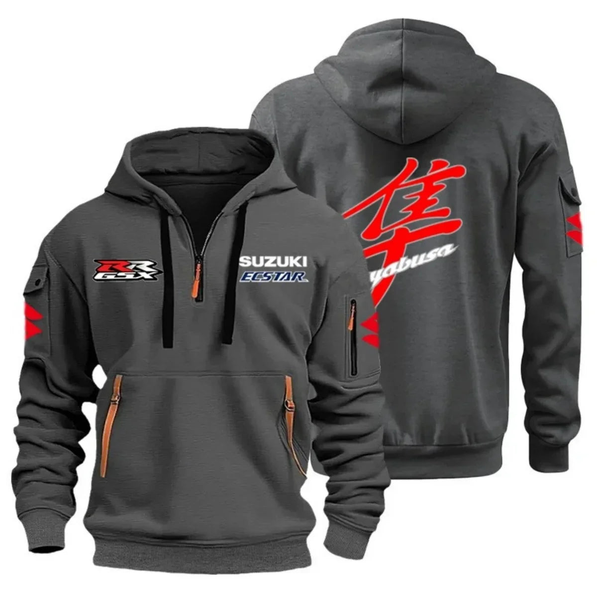 Men's Casual Street Outdoor Sports Motorcycle Hoodie Multi-Pocket Semi-Zipper Graphic Sweatshirt