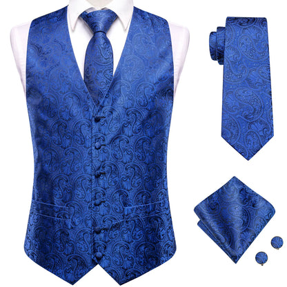 Navy Blue Mens Vest Formal Paisley Waistcoat Jacket Tie Handkerchief Cufflinks Set For Male Dress Suit Wedding Party