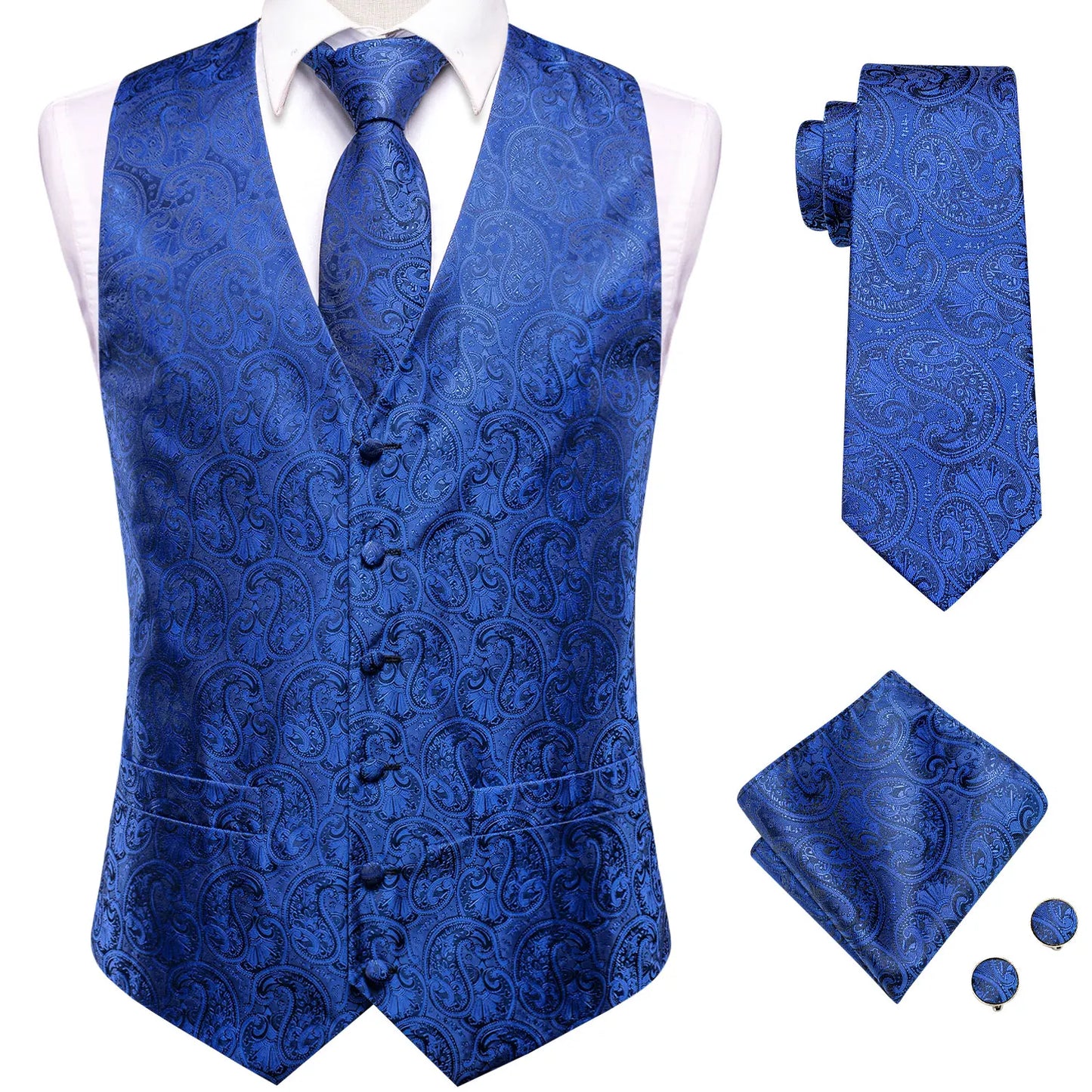 Silk Mens Vests Sleeveless Waist Jacket Jacquard Black Orange Floral Waistcoat Tie Hanky Cufflinks Set for Men Casual XXL