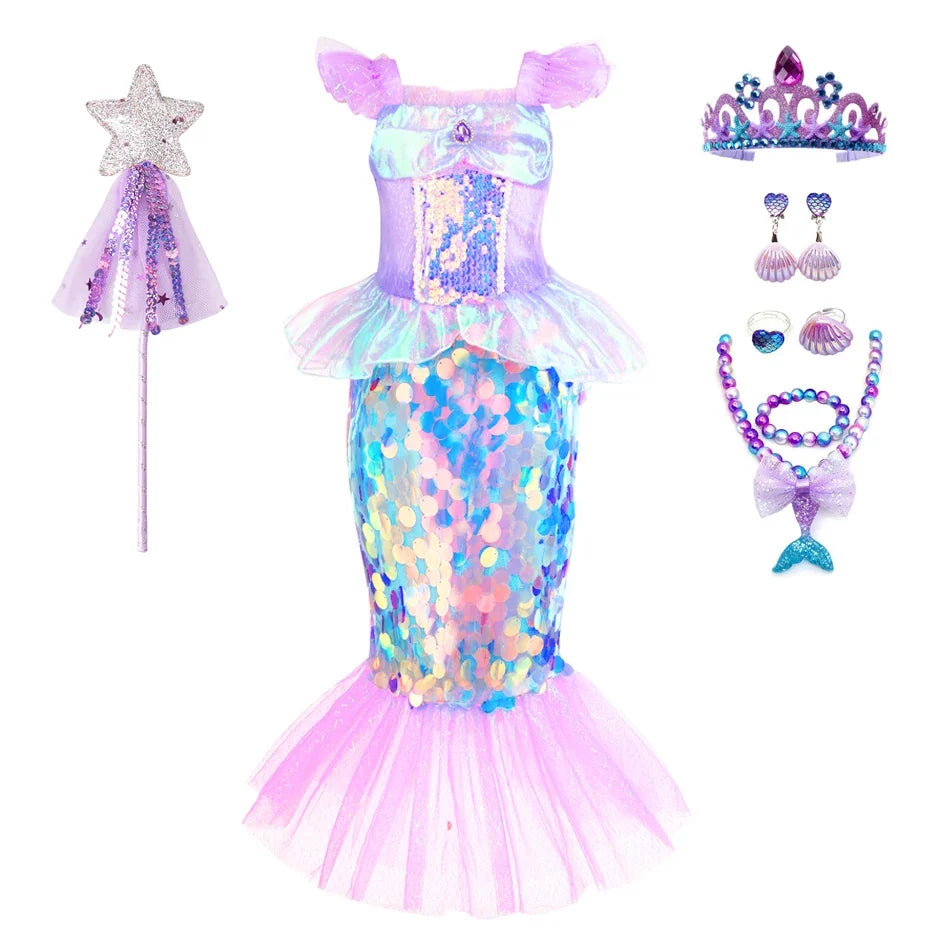 Mermaid Dress for Girl Charm Princess Cosplay Sequin Bling Costume for Kids Girl Fish Beauty Birthday Party Halloween Clothing