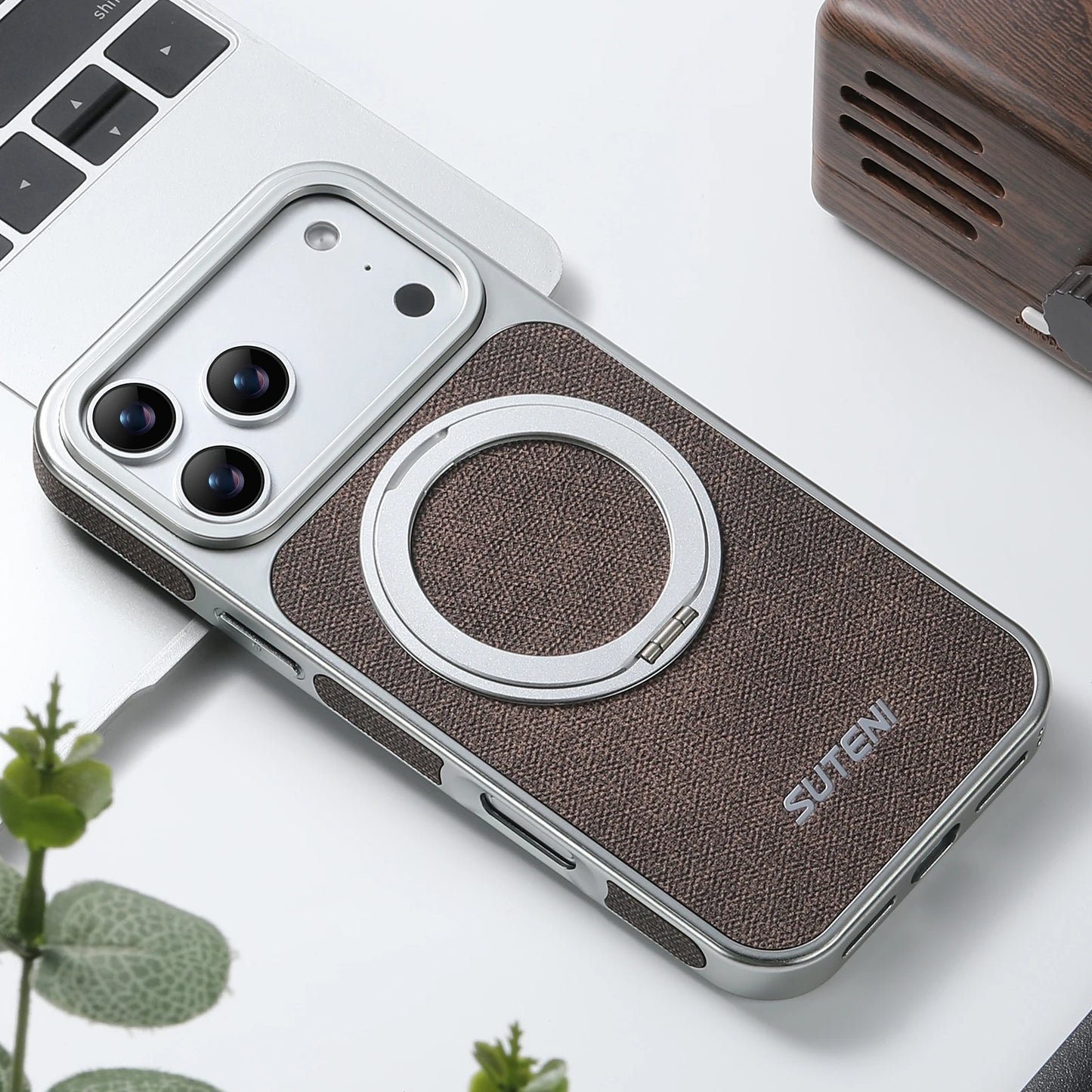 Faux Leather Magnet Wireless Charging Phone Case 360° Rotating Stand Ring Buckle Frosted Feel For iPhone 17 Pro Max 16 15