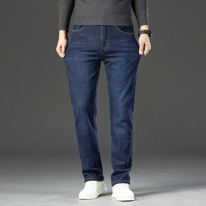 Winter Warm Fleece Jeans Men 2025 Straight Stretch Thick Casual Thermal Denim Pants Male Business Work Trousers New Men Clothing