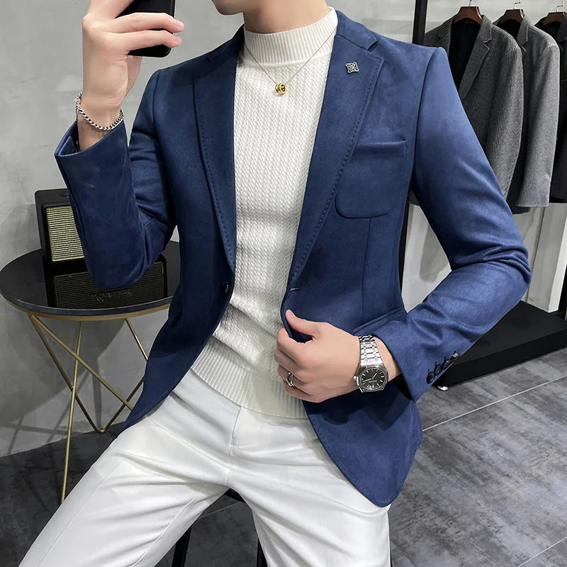 Men's Deerskin Fleece Suit Jacket 2025 Spring New High Quality Single Button Slim Fit Business Casual Suit Coat  Men Clothing